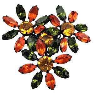 Vintage Rhinestone Flower Brooch Orange Green Yellow Japanned Setting Autumn Flo